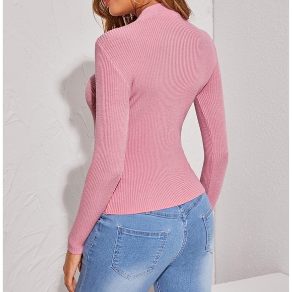 Pink Round Neck Long Sleeve Ribbed Light Sweater - Picture 2 of 6